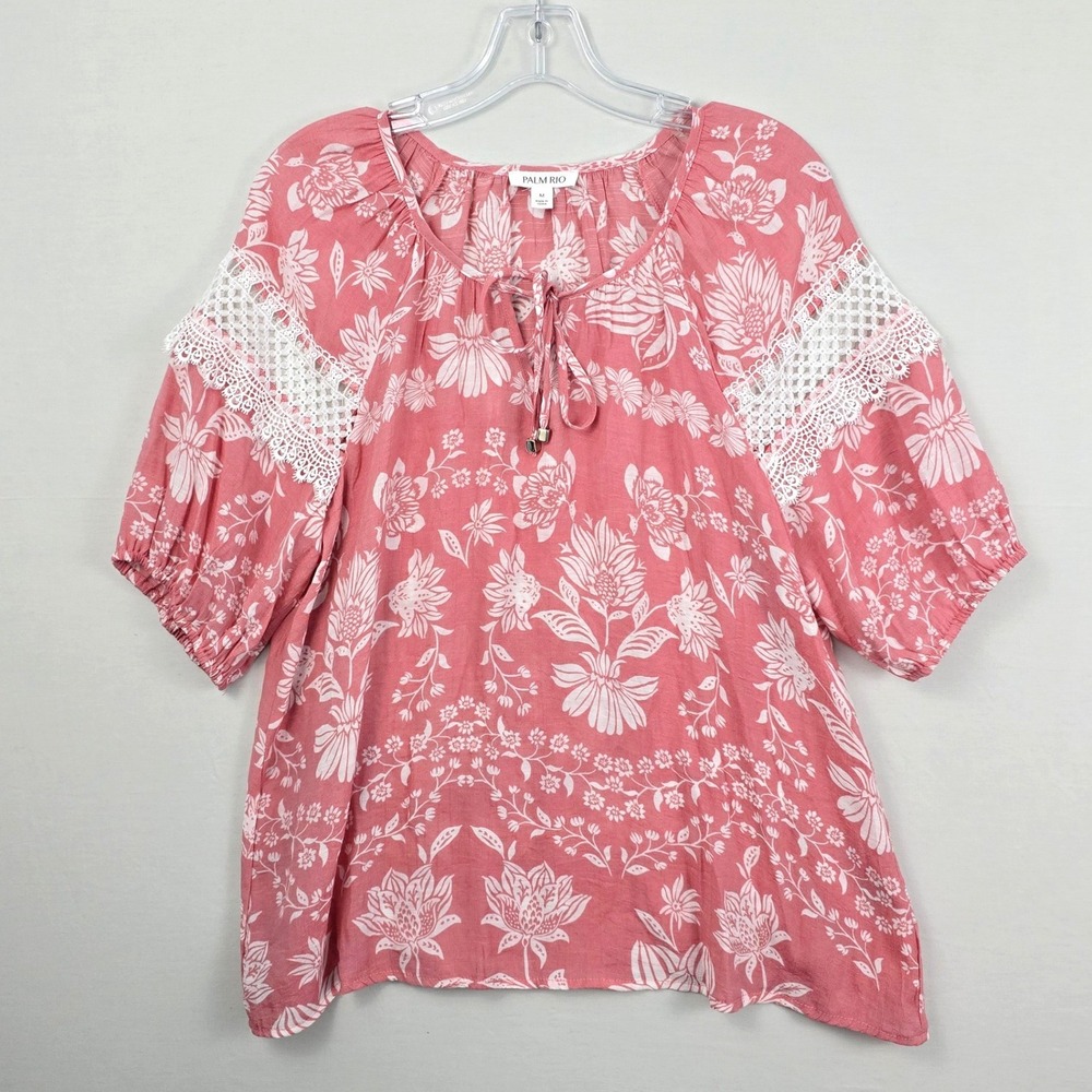 Palm Rio Floral Print Lace Trim Tie Front Scoop Neck 3/4 Puff Sleeve Top M Pink
